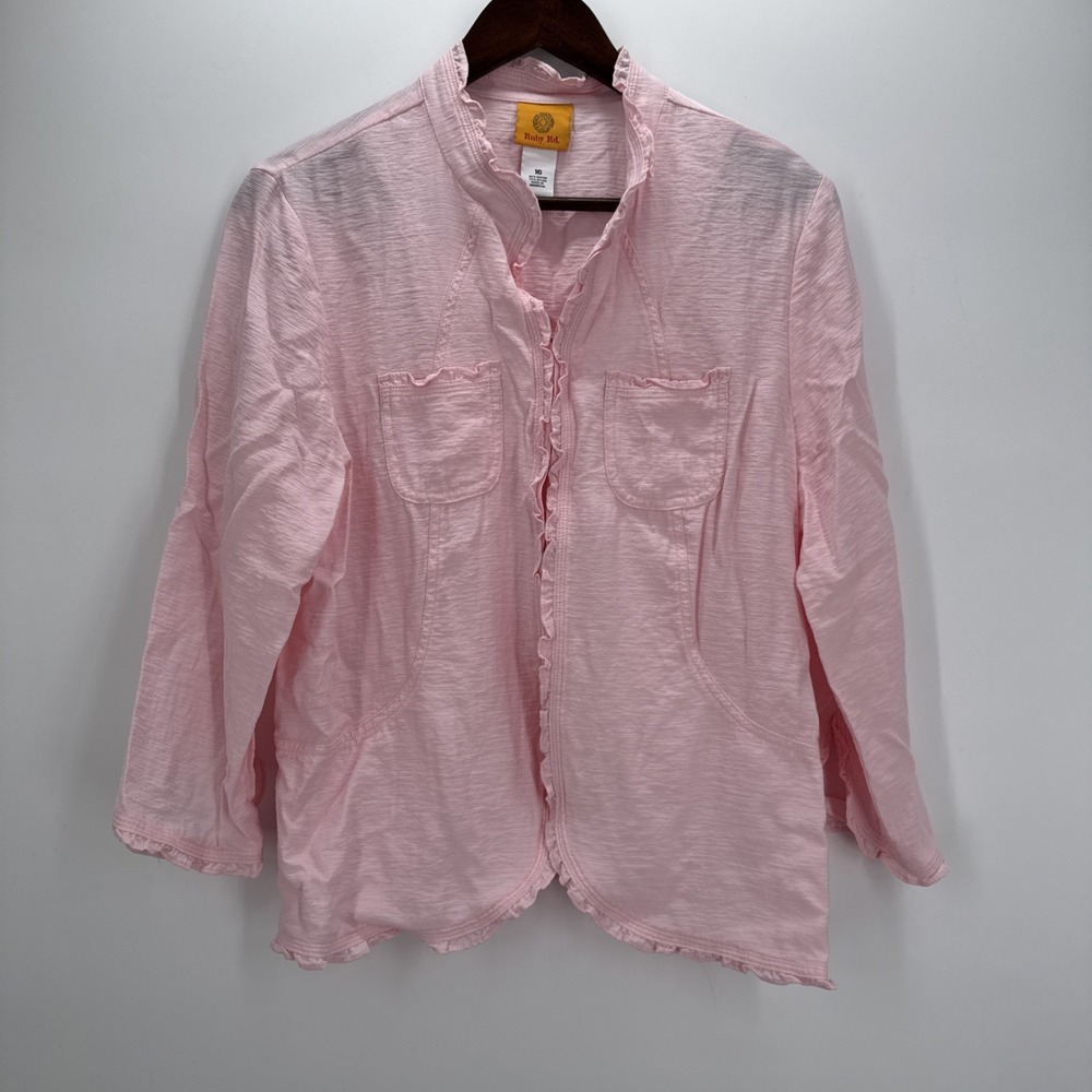 Ruby Rd Pink Linen-Look Blouse Size 16 Button Front 3/4 Sleeve Casual